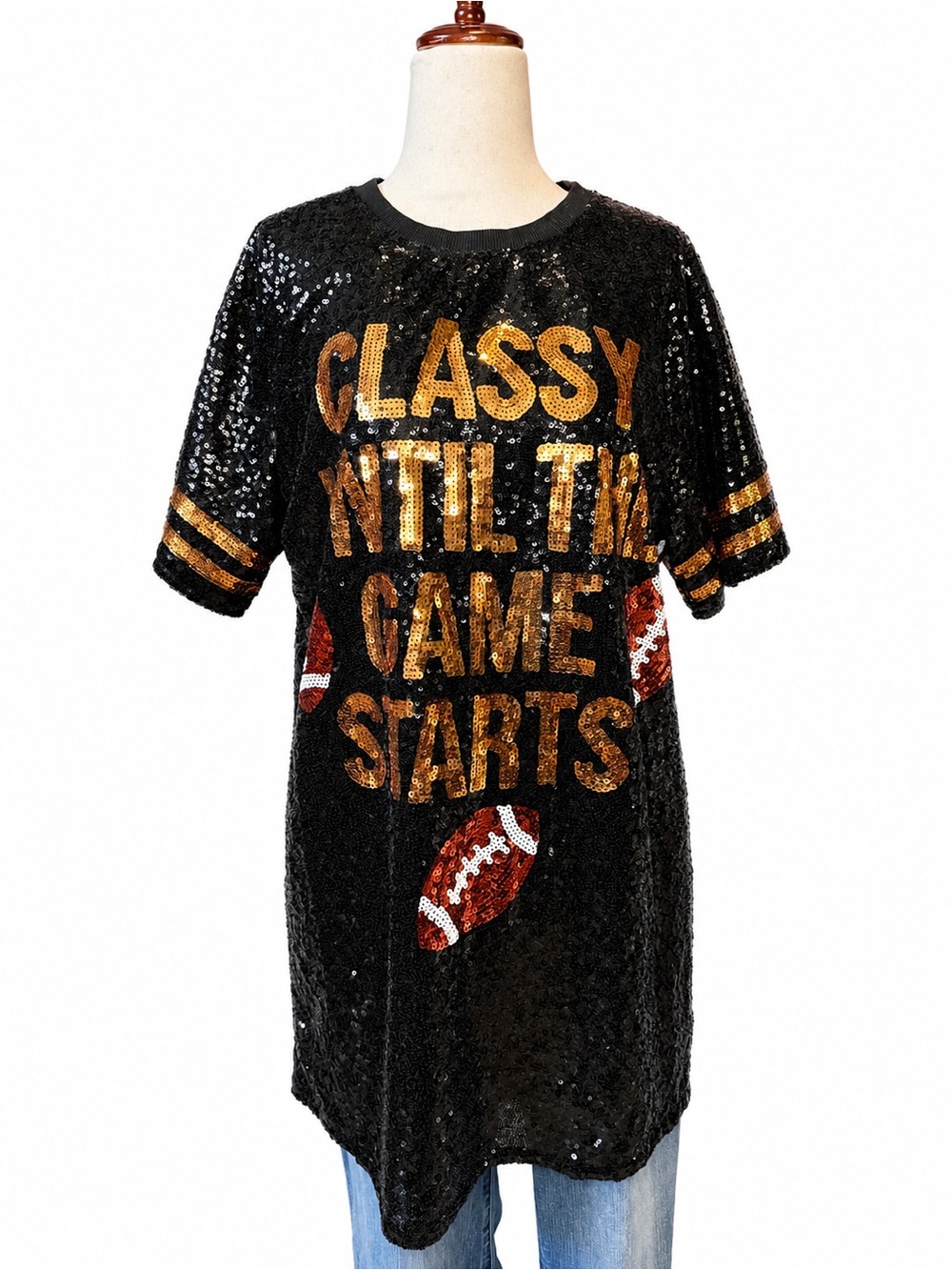 Simply southern Black Sequin Football Tee/dress with Gold Lettering